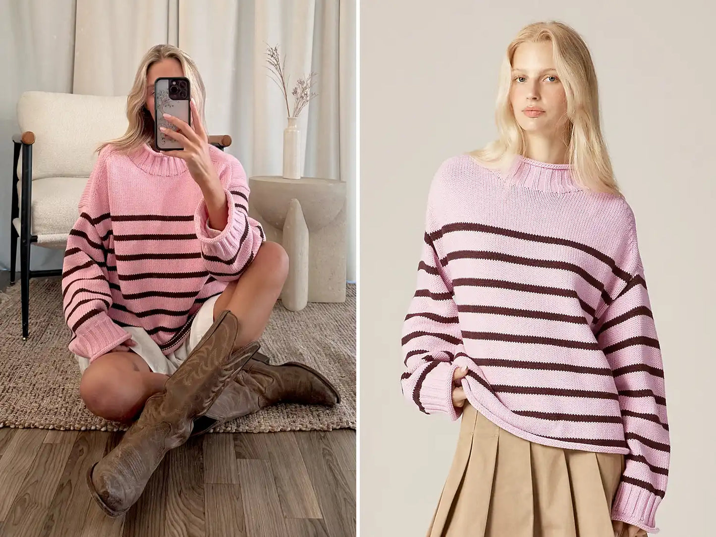 Jenny™ | Rosa gestreifter Rollkragenpullover