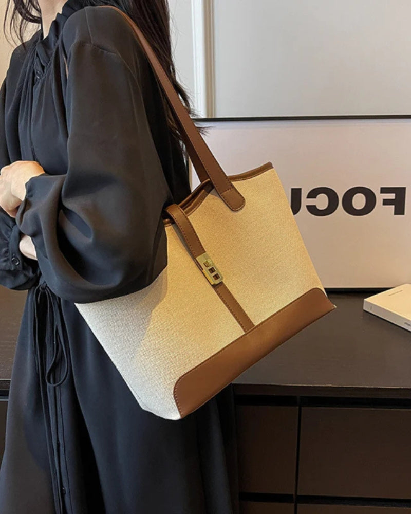 Strukturierte Damen-Tasche – Canvas-Handtasche mit Kunstlederbesatz, braun und schwarz