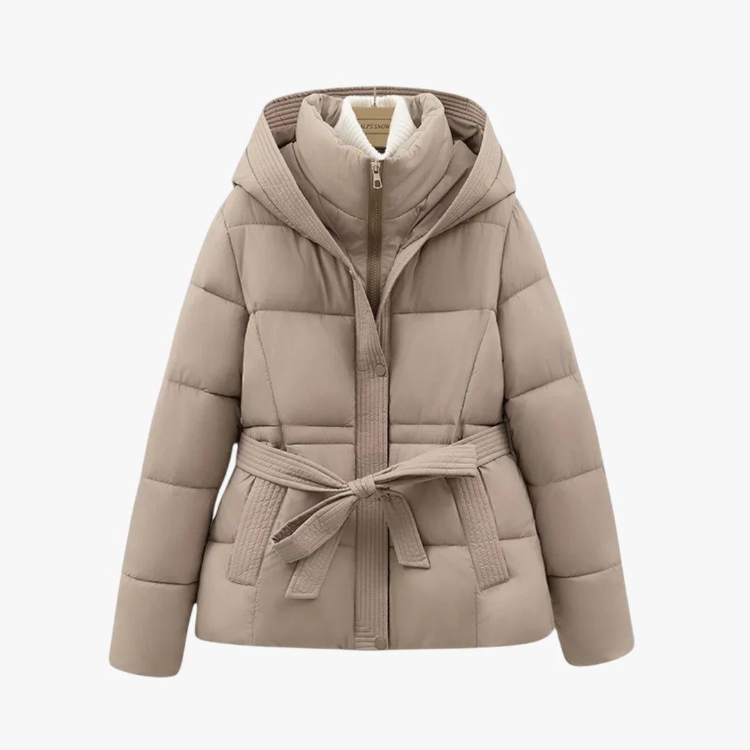 Damen-Pufferjacke mit Kapuze, abnehmbarem Gürtel und hohem Kragen