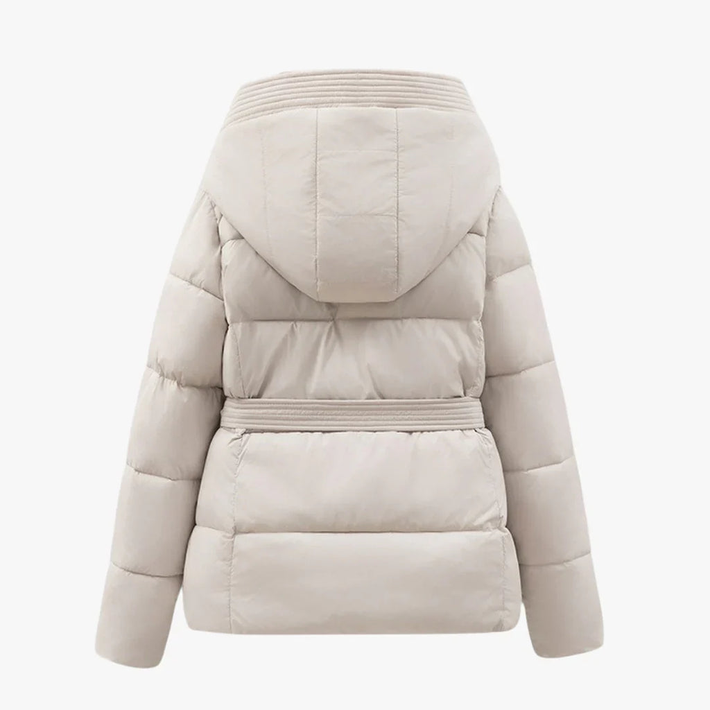 Damen-Pufferjacke mit Kapuze, abnehmbarem Gürtel und hohem Kragen