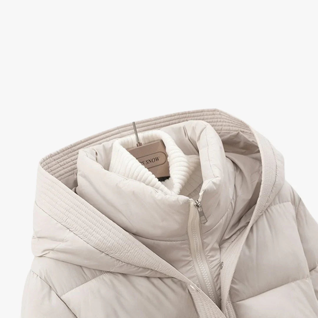 Damen-Pufferjacke mit Kapuze, abnehmbarem Gürtel und hohem Kragen