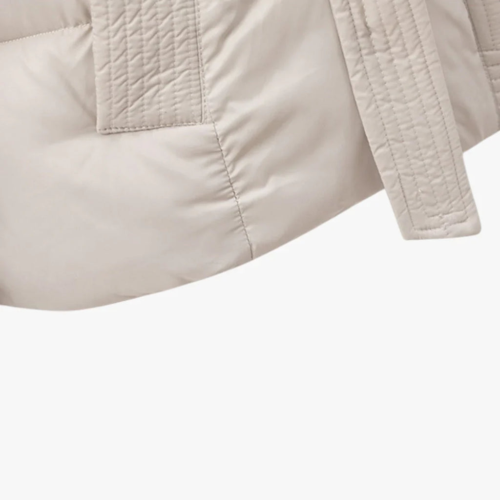 Damen-Pufferjacke mit Kapuze, abnehmbarem Gürtel und hohem Kragen