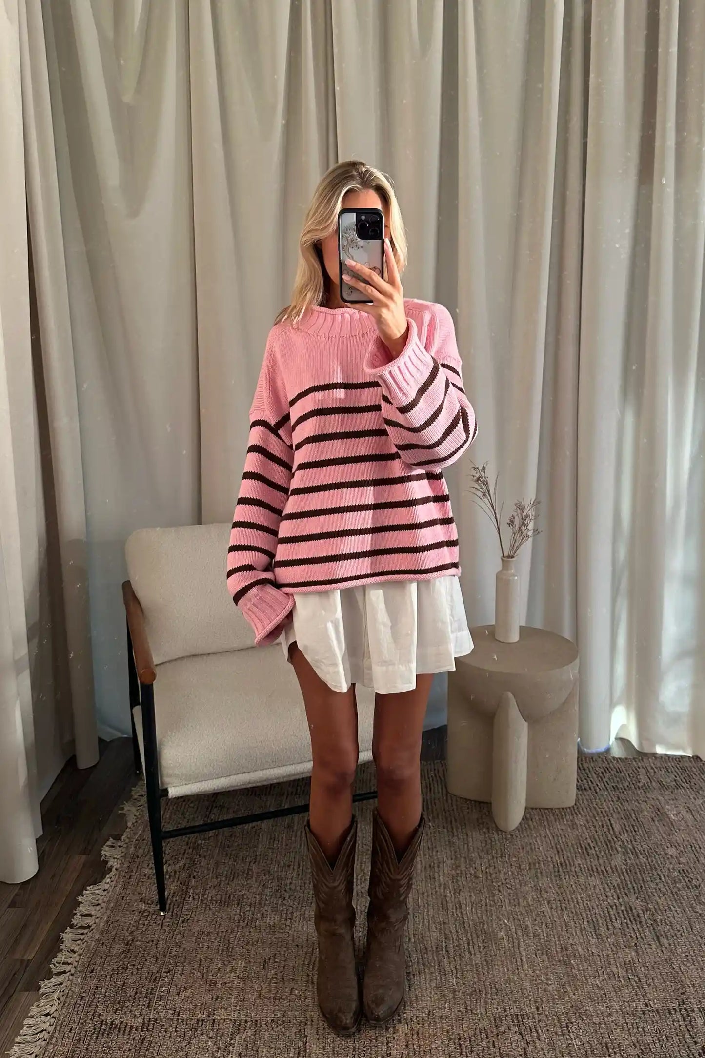 Jenny™ | Rosa gestreifter Rollkragenpullover