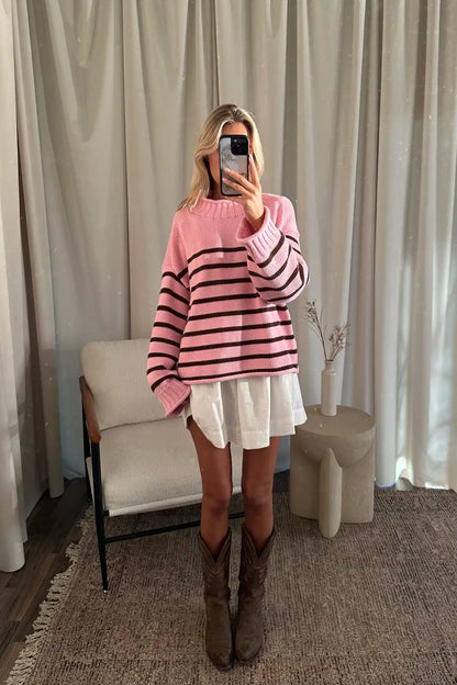 Jenny™ | Rosa gestreifter Rollkragenpullover