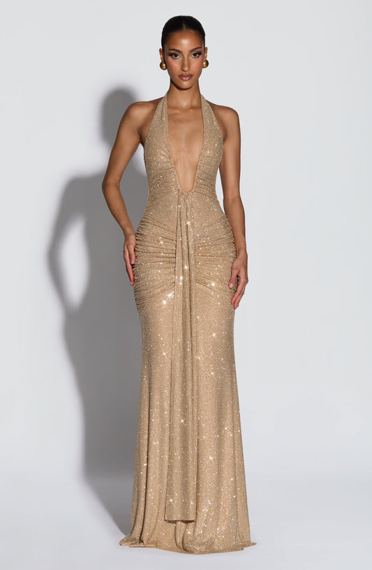 Rosetta™ | Goldfarbenes Maxikleid mit Glitzer